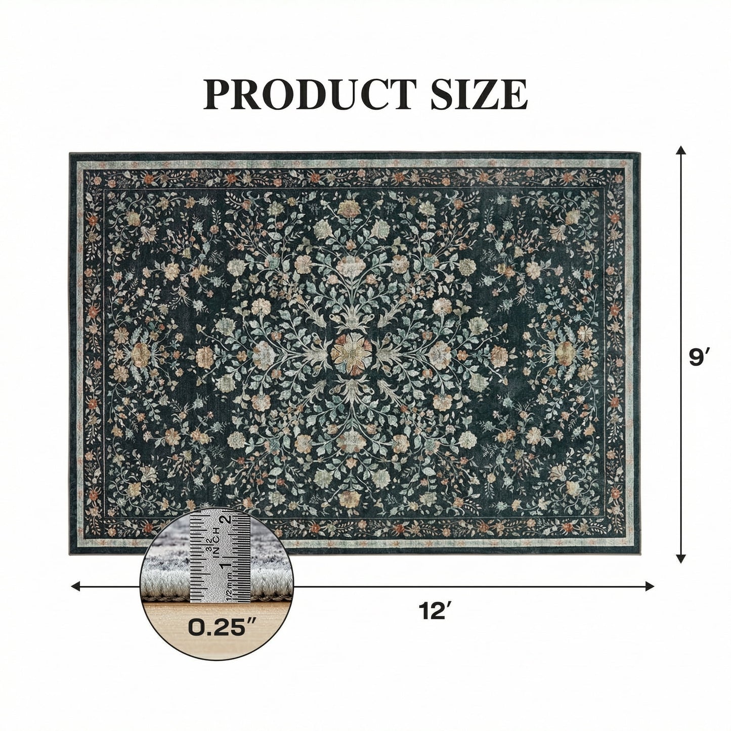 CHITOOMA 9'x12' Boho Area Rugs for Living Room, Machine Washable Floral Area Rug with Non-Slip Backing, Stain Resistant Non-Shed Carpet for Bedroom, Dining Room, Dorm, Office