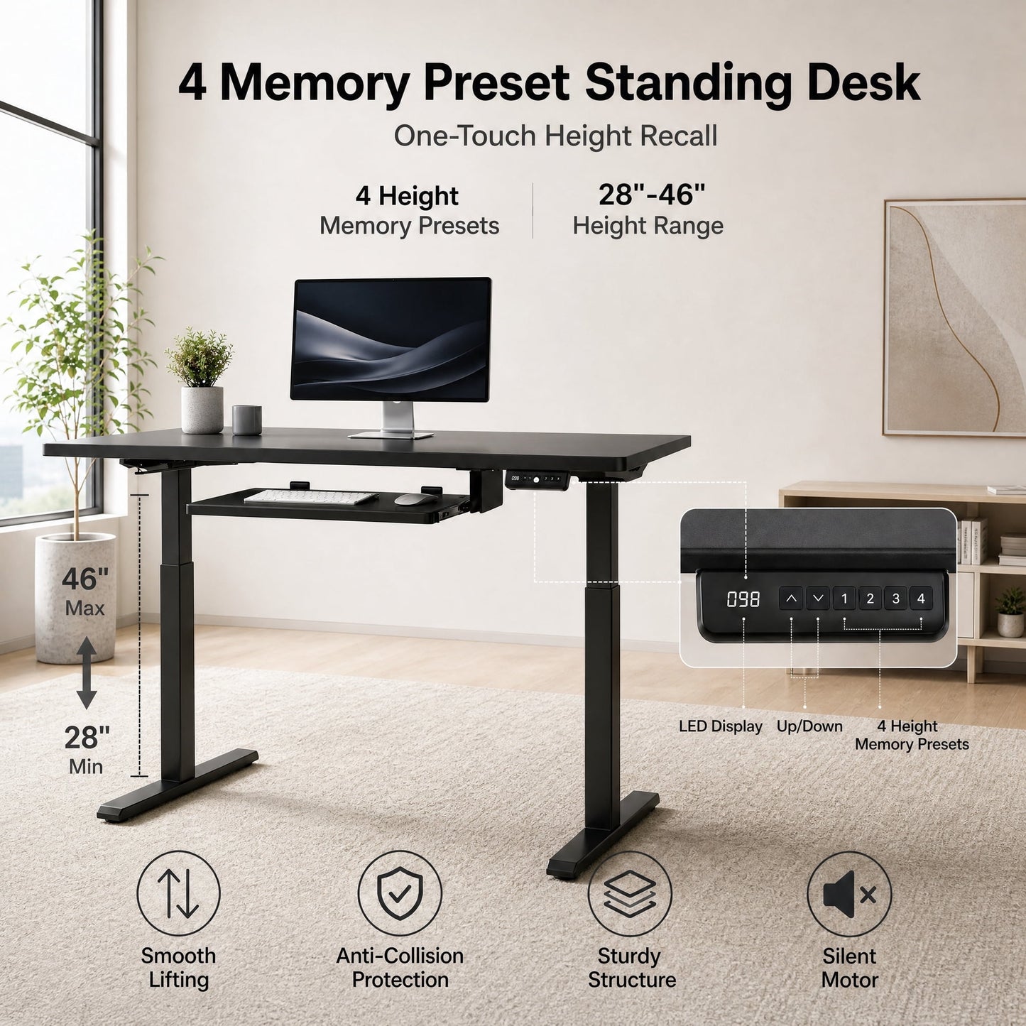 CHITOOMA Electric Standing Desk with Keyboard Tray, 48" x 24" Height Adjustable Sit Stand up Desk with Headphone Hook & 4 Height Memory Pre-Set for Home Office, Black