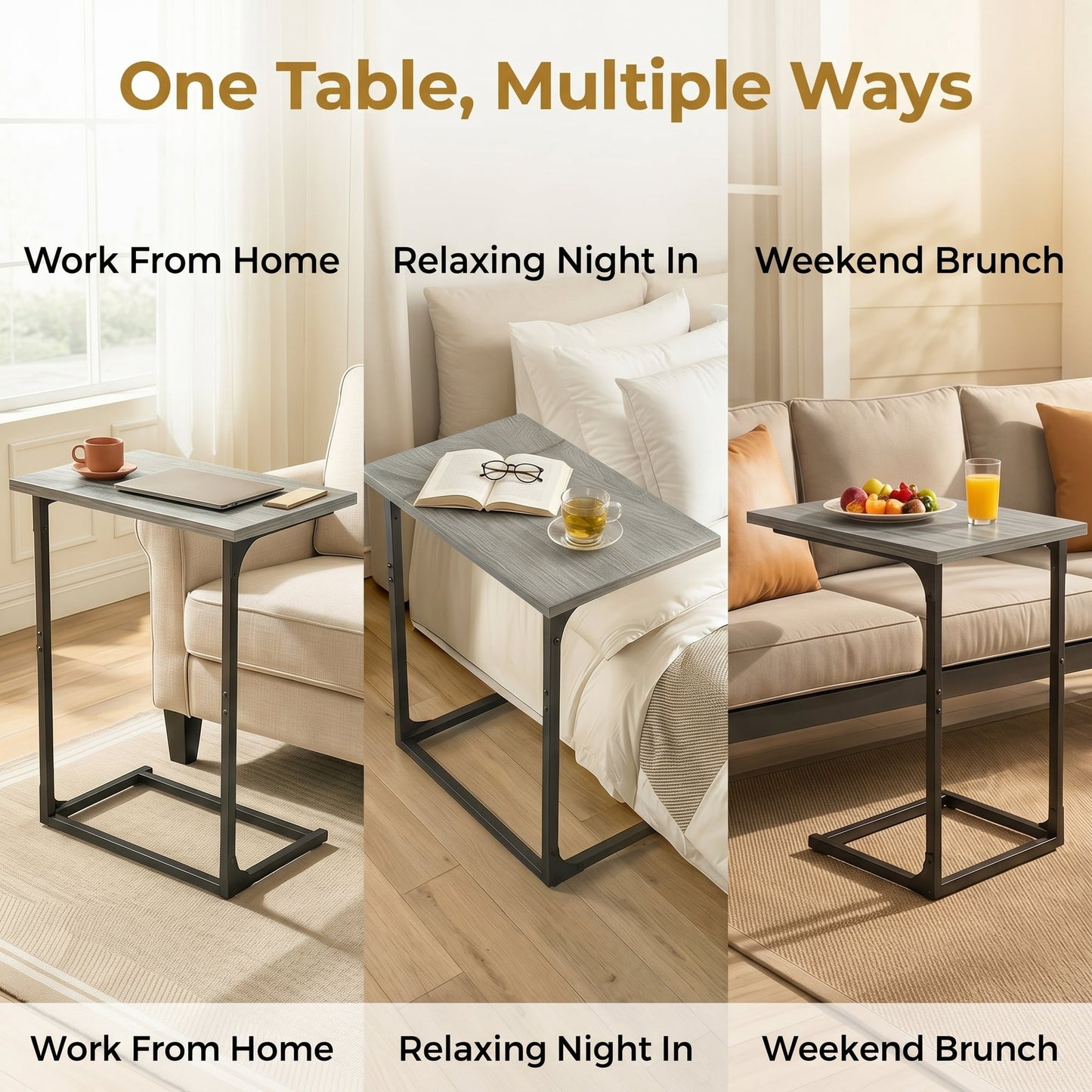 C Shaped Couch End Table Tray Table, Side Table for Sofa,with Widened tabletop for Bedroom, Living Room, 27"(H) x 21.1"(W) x 11.4"(D), Grey
