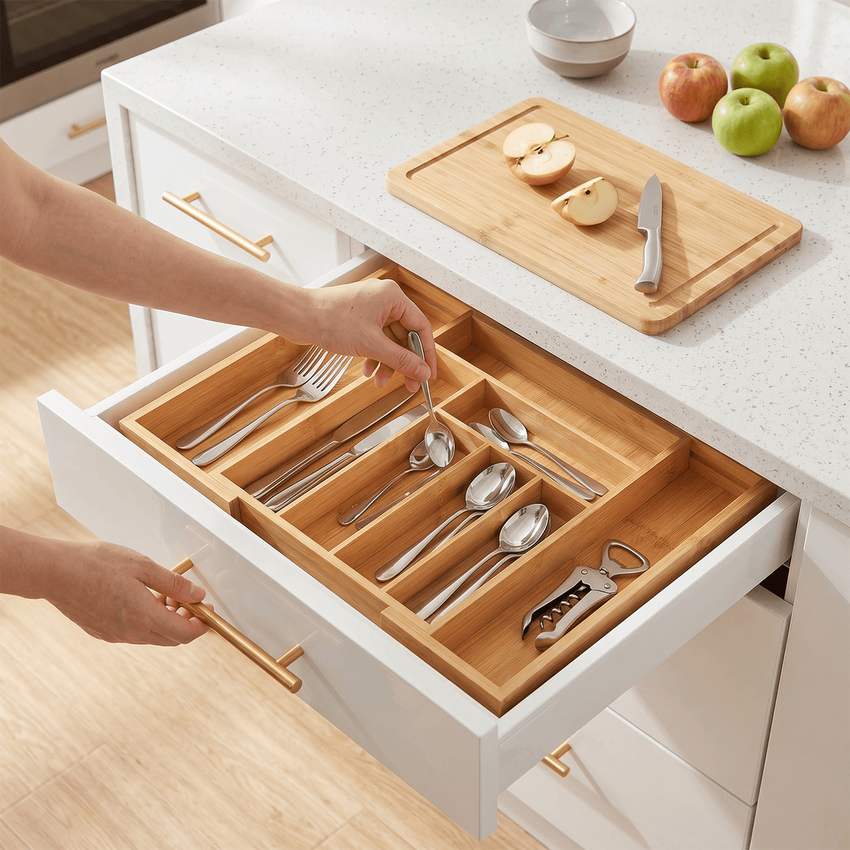 CHITOOMA Wood Bamboo Kitchen Drawer Organizer,Expandable Silverware Holder,Adjustable Kitchen Utensil Tray,for Forks, Spoons and Knives,8 Slots,Medium