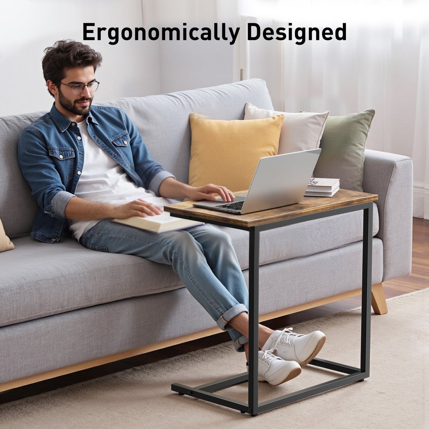 C Shaped End Table 2pcs, Side Table for Sofa,Modern C-Table for Livingroom,Bedroom,Brown