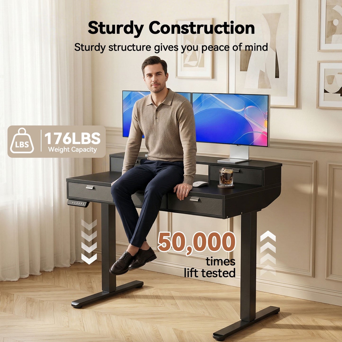 CHITOOMA 48″ x 24″ Standing Desk with Drawers, Electric Height Adjustable Sit Stand Desk with Storage Shelf,black