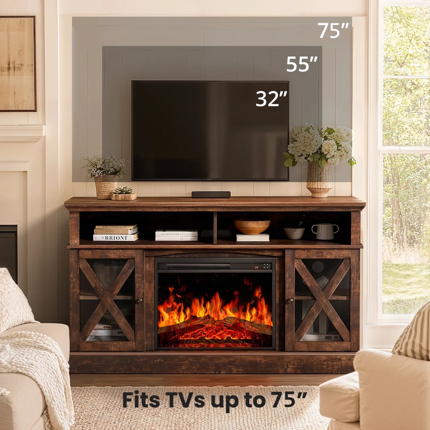 Electric Fireplace TV Stand for 75 inch TVs Farmhouse TV Console with 23″ Fireplace, Vintage Brown