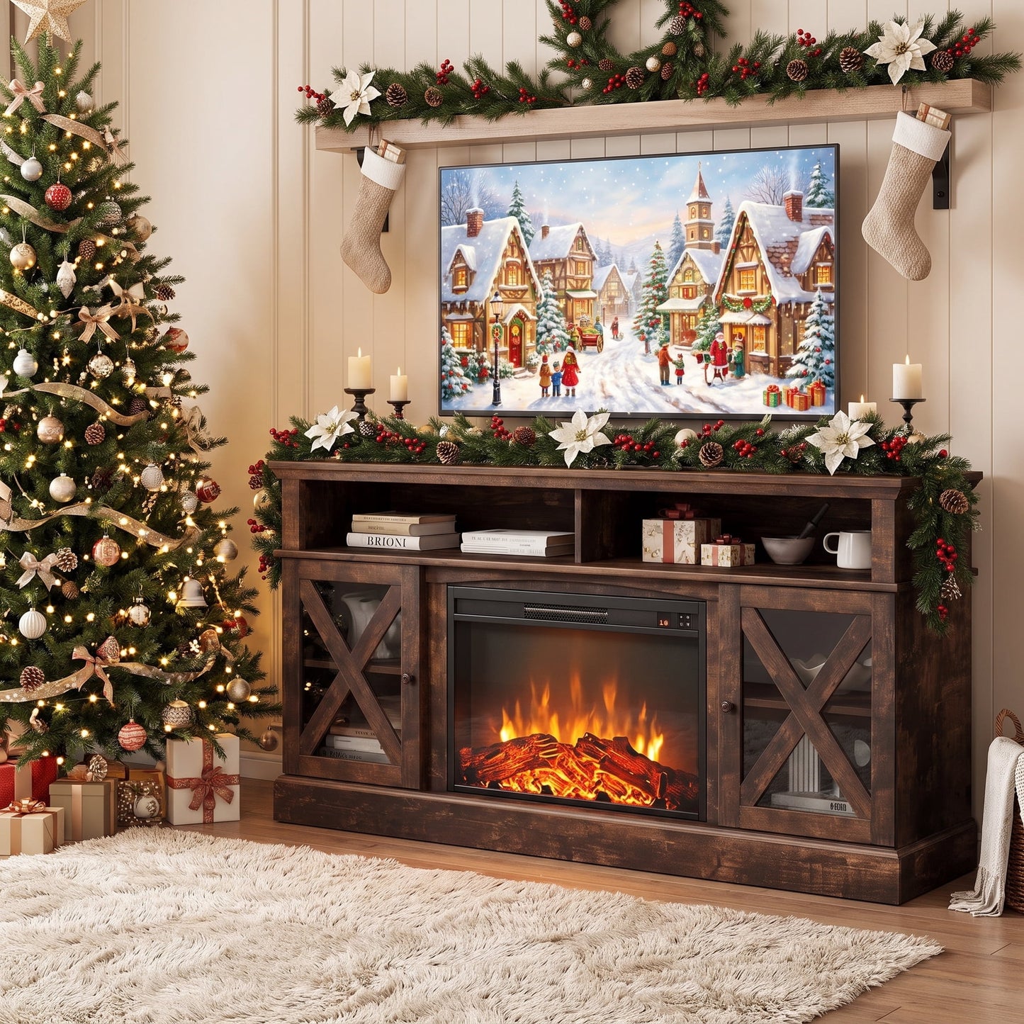 Electric Fireplace TV Stand for 75 inch TVs Farmhouse TV Console with 23″ Fireplace, Vintage Brown
