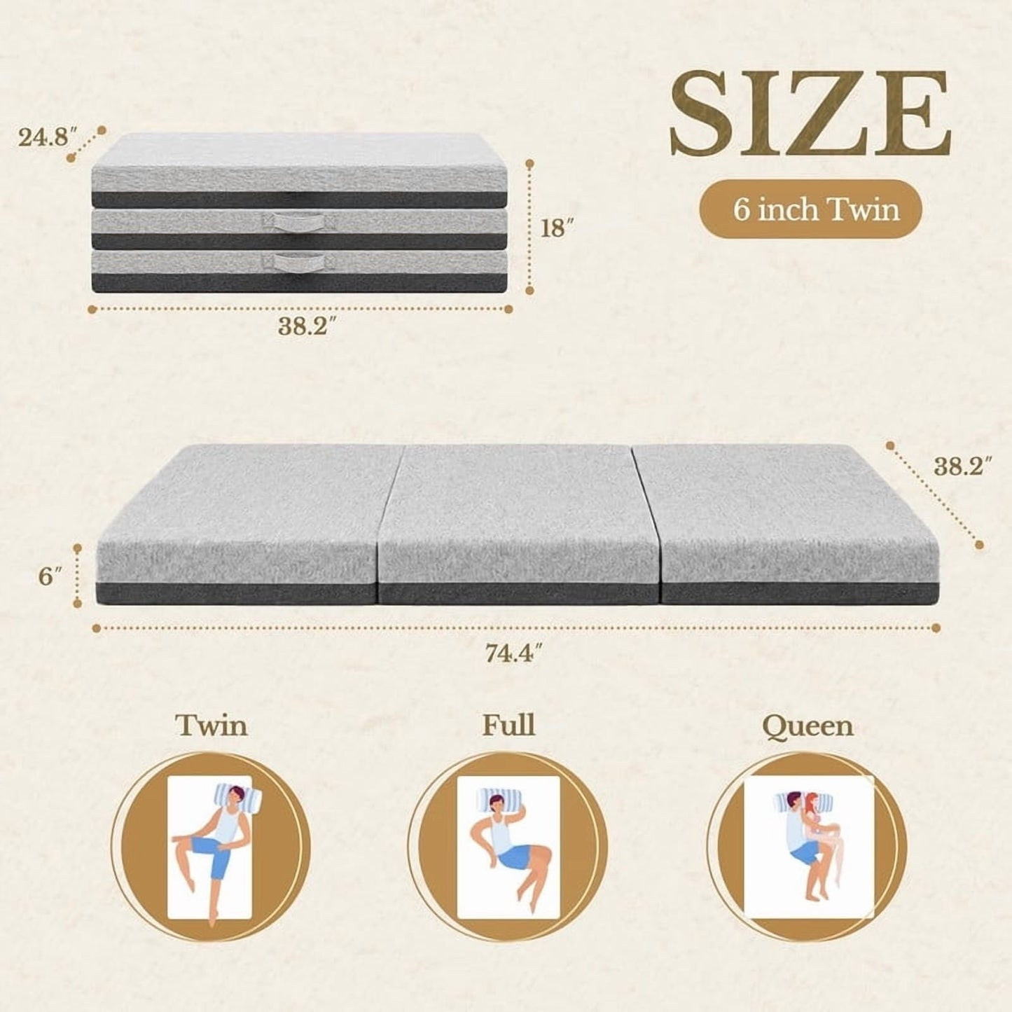 6 Inch Tri-Fold Memory Foam Mattress, Twin Size Folding Mattress with Washable Removable Cover, Non-Slip Bottom & Carry Handles, Portable Foldable Guest Bed for Camping, Travel, Yoga, Gray