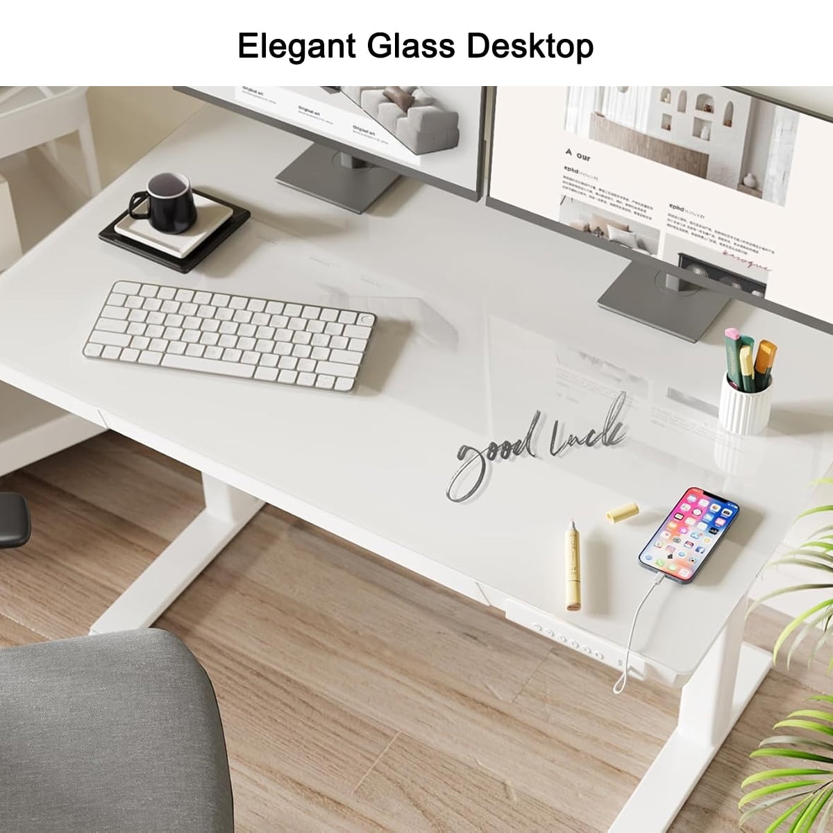 One-Piece Glass Standing Desk with USB & Type-C & Drawers, 48"×24" Electric Adjustable Stand Up Desk, Glass Tabletop Office Computer Desk, White