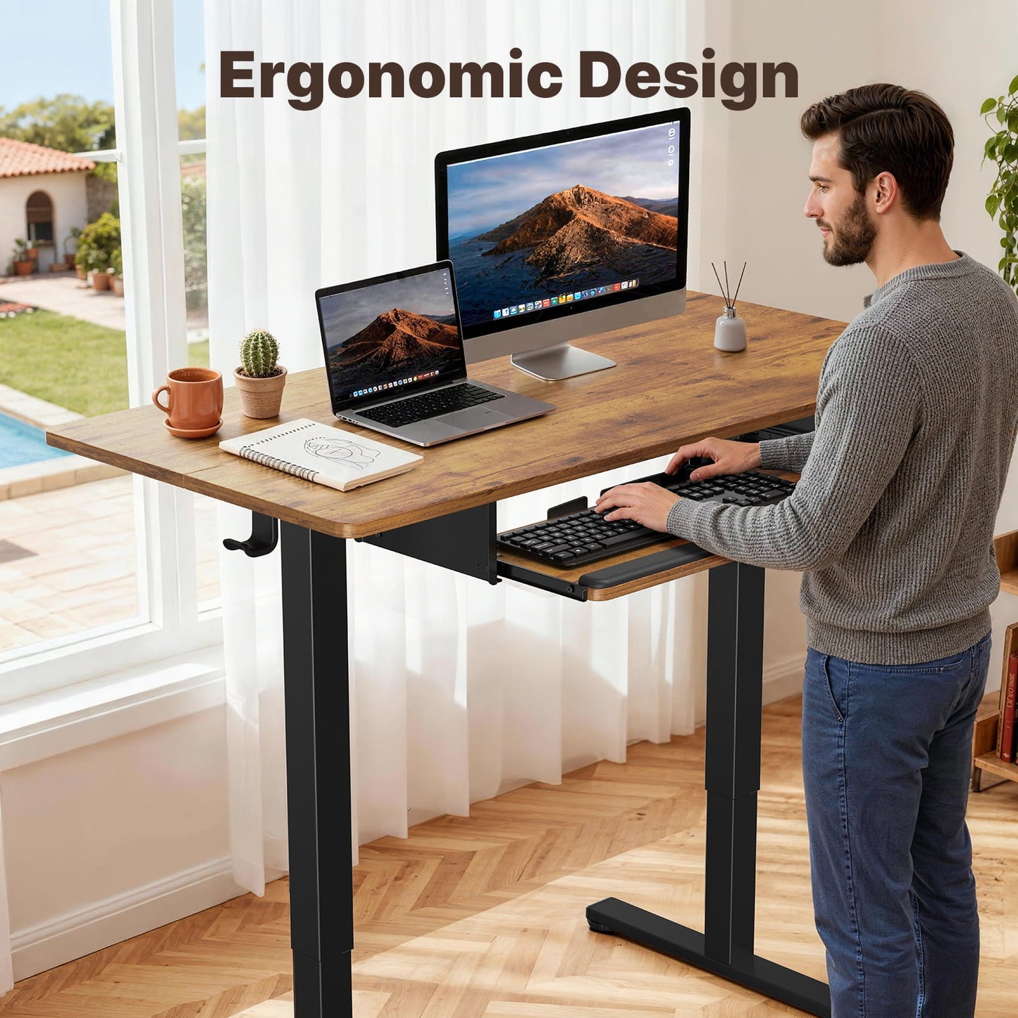 55" x 24" Electric Standing Desk with Keyboard Tray, Height Adjustable Sit Stand up Desk with Headphone Hook & 4 Height Memory Pre-Set for Home Office, Rustic Brown