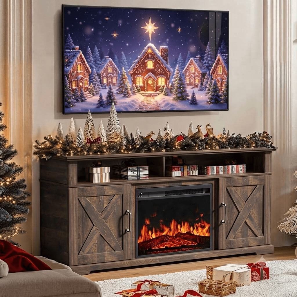 Electric Fireplace TV Stand for TVs up to 75", Farmhouse Entertainment Center with Fireplace, Vintage Brown