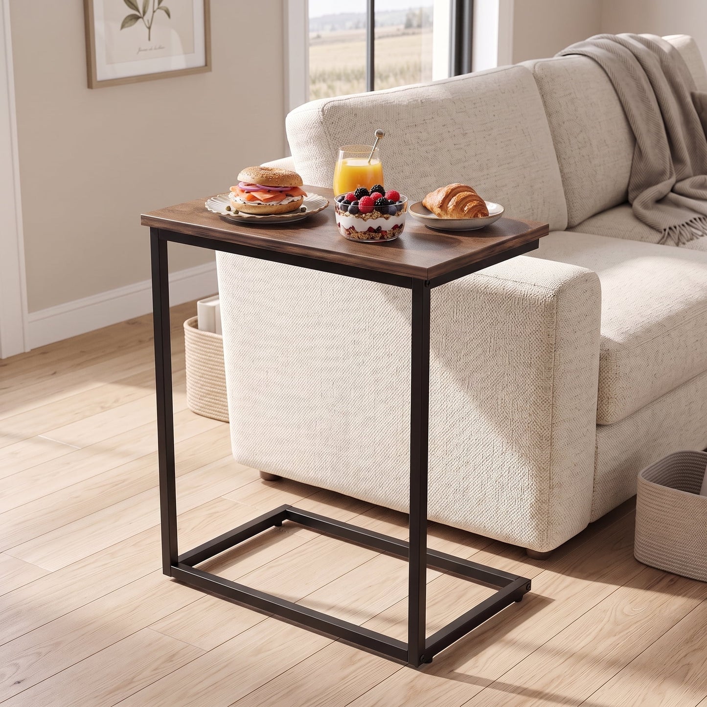 C Shaped End Sofa Table, Vintage Side Couch Table for Living Room, Bedroom, 27"(H) x 19.7"(W) x 12.6"(D), Brown