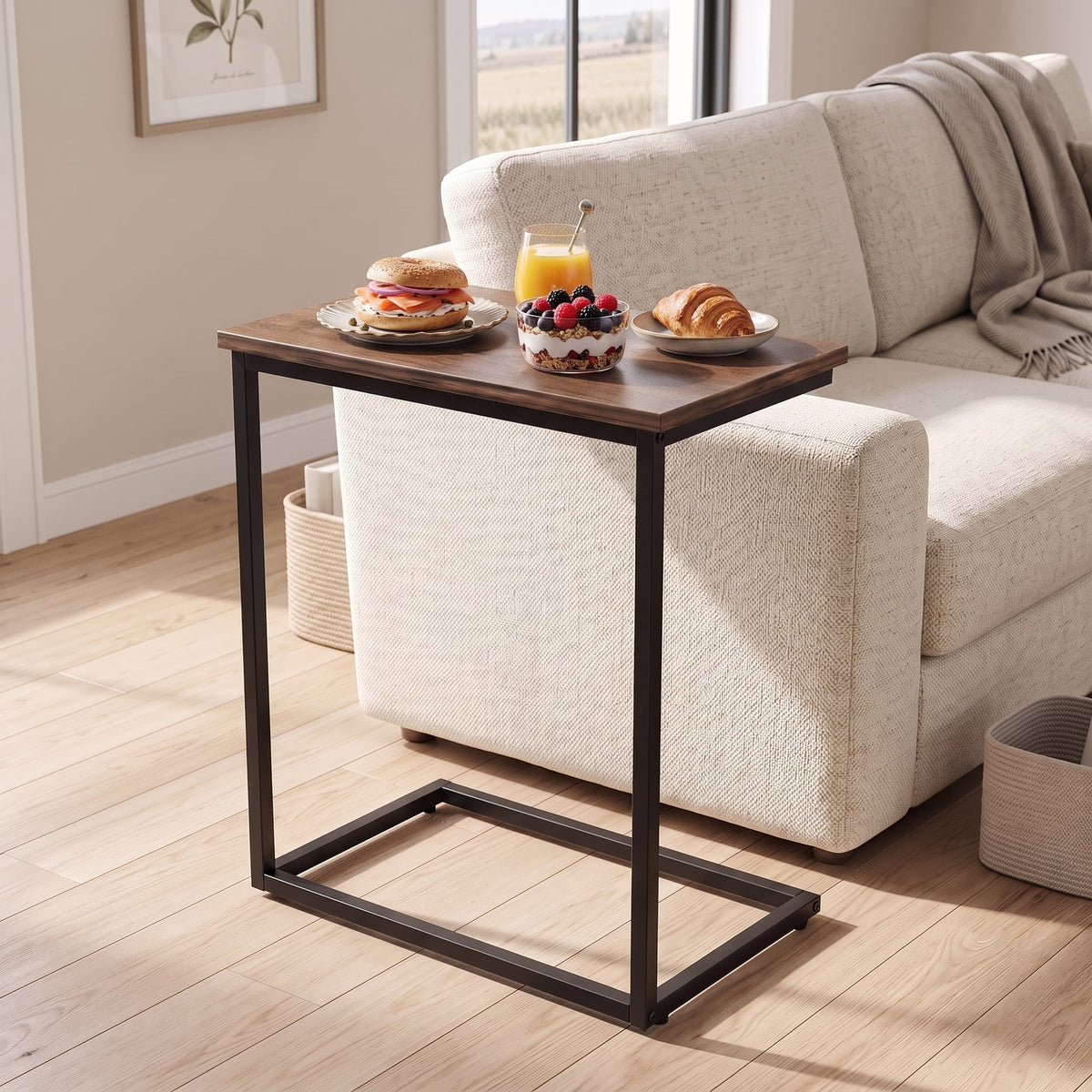 C Shaped End Table,Side Table TV Tray Table for Sofa,Couch Table for livingroom,Bedroom(Rustic Brown)