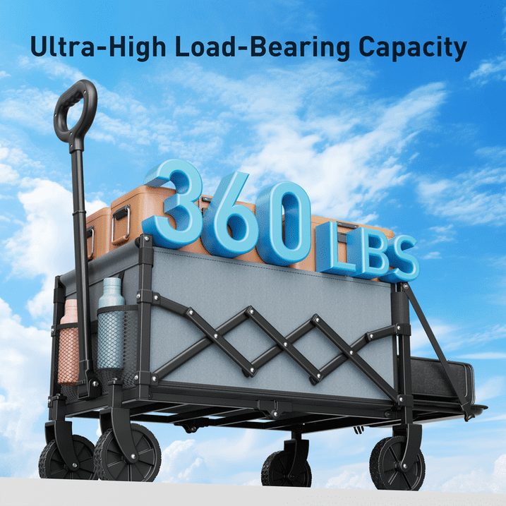CHITOOMA Collapsible Wagon Cart with Expandable Storage & Locking Front Wheels,360LBS Portable Foldable Wagon for Beach, Camping, Shopping
