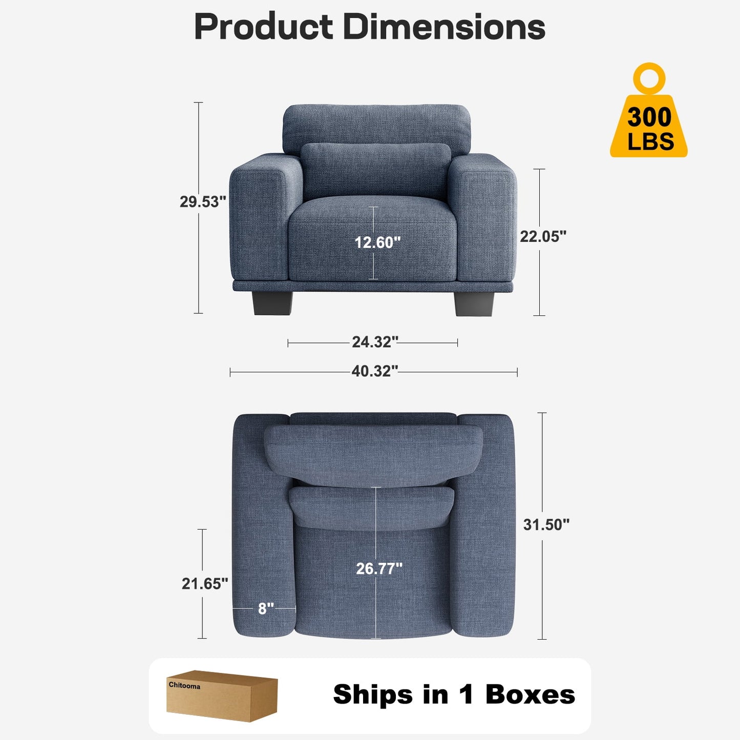 CHITOOMA 40" Oversized Accent Chair, Linen Upholstered Armchair with Washable Covers & Pillow, Wide Armrests, Deep Seat Sofa Chair for Living Room, Bedroom, or Office, Blue