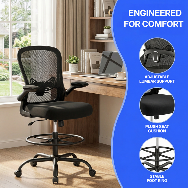 BESTERGO Tall Drafting Chair with Flip-Up Armrests, Adjustable Foot Ring, Ergonomic High Office Chair with Lumbar Support, Height-Adjustable Standing Desk Chair