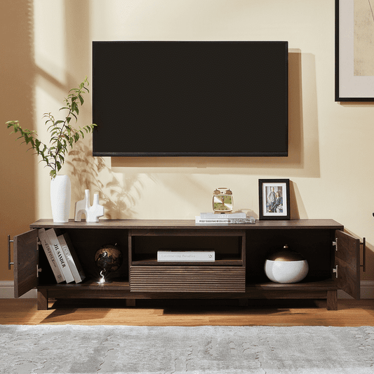 Mid-Century Modern Low Profile TV Stand for 70" TVs, Wood TV Media Console with 2 Fluted Door for Living Room, Walnut