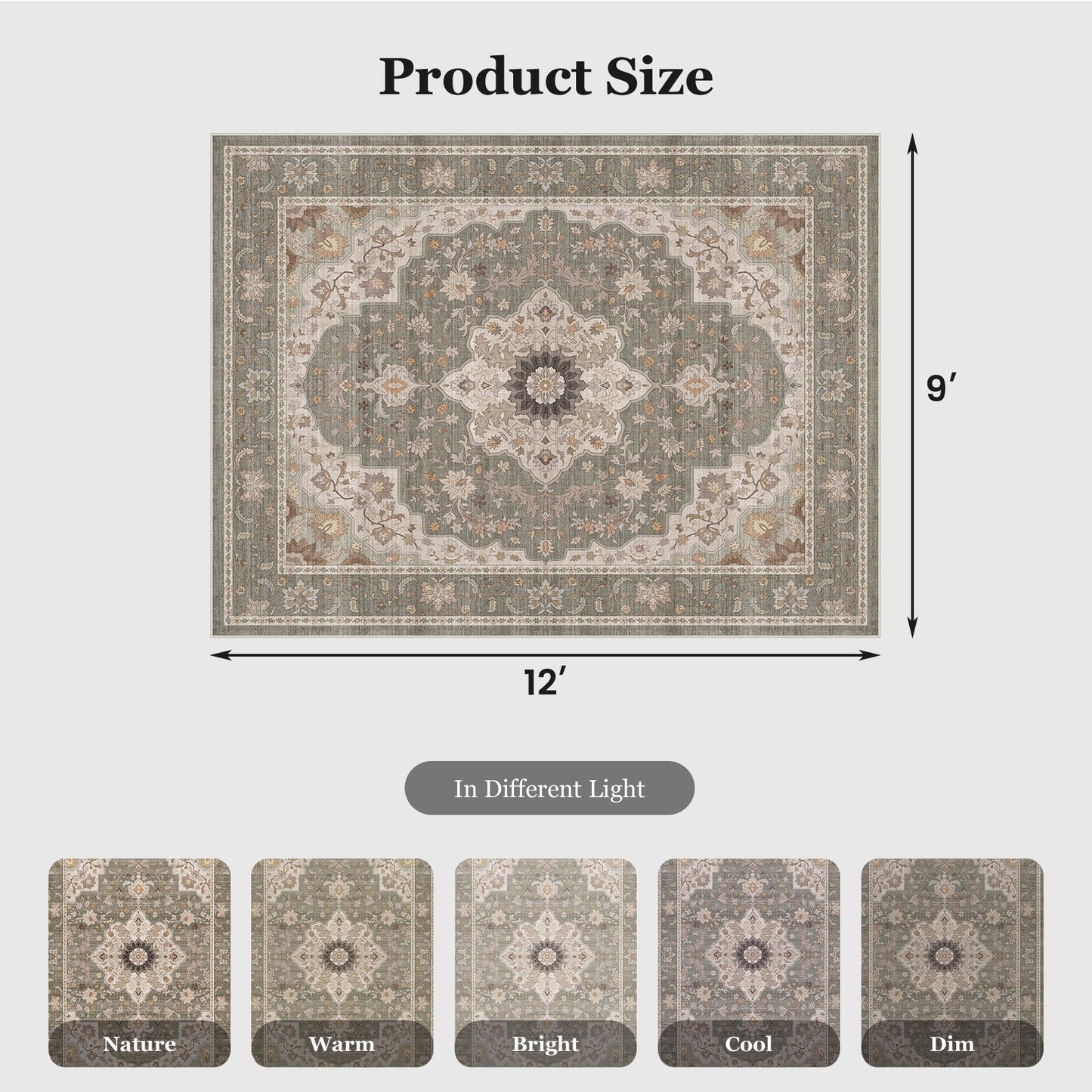 CHITOOMA 9'x12' Area Rugs for Living Room, Boho Machine Washable Stain Resistant Non-Shed Carpet, Floral Area Rug with Non-Slip Backing for Bedroom, Dining Room, Dorm, Office