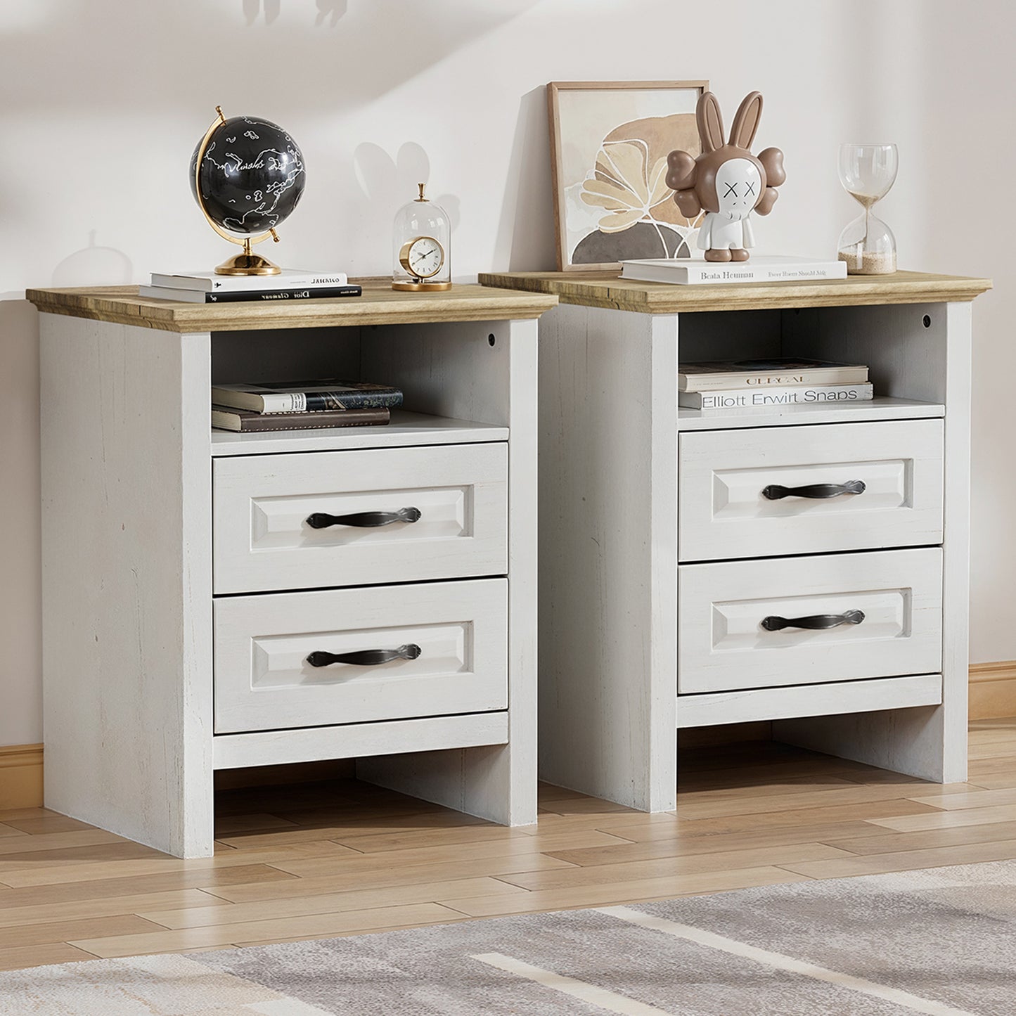 CHITOOMA Nightstand Set of 2 with Charging Station, 2-Drawer Wood Bedside Table with Open Shelf, Small End Table for Bedroom Living Room, White & Brown