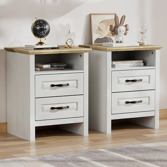 CHITOOMA Nightstand Set of 2 with Charging Station, 2-Drawer Wood Bedside Table with Open Shelf, Small End Table for Bedroom Living Room, White & Brown