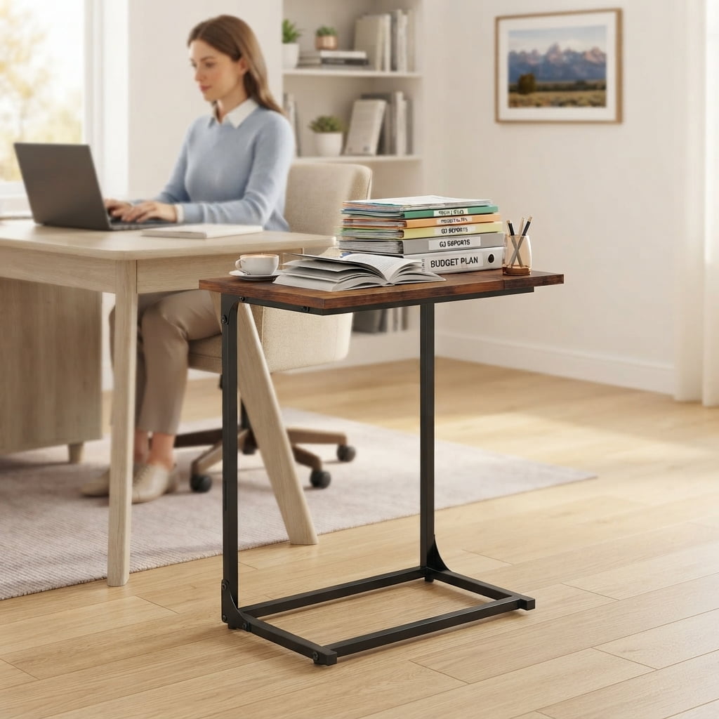 C Shaped End Sofa Table, Widened Vintage End Table Side Table for Living Room, Bedroom, 27"(H) x 21.1"(W) x 11.4"(D), Brown