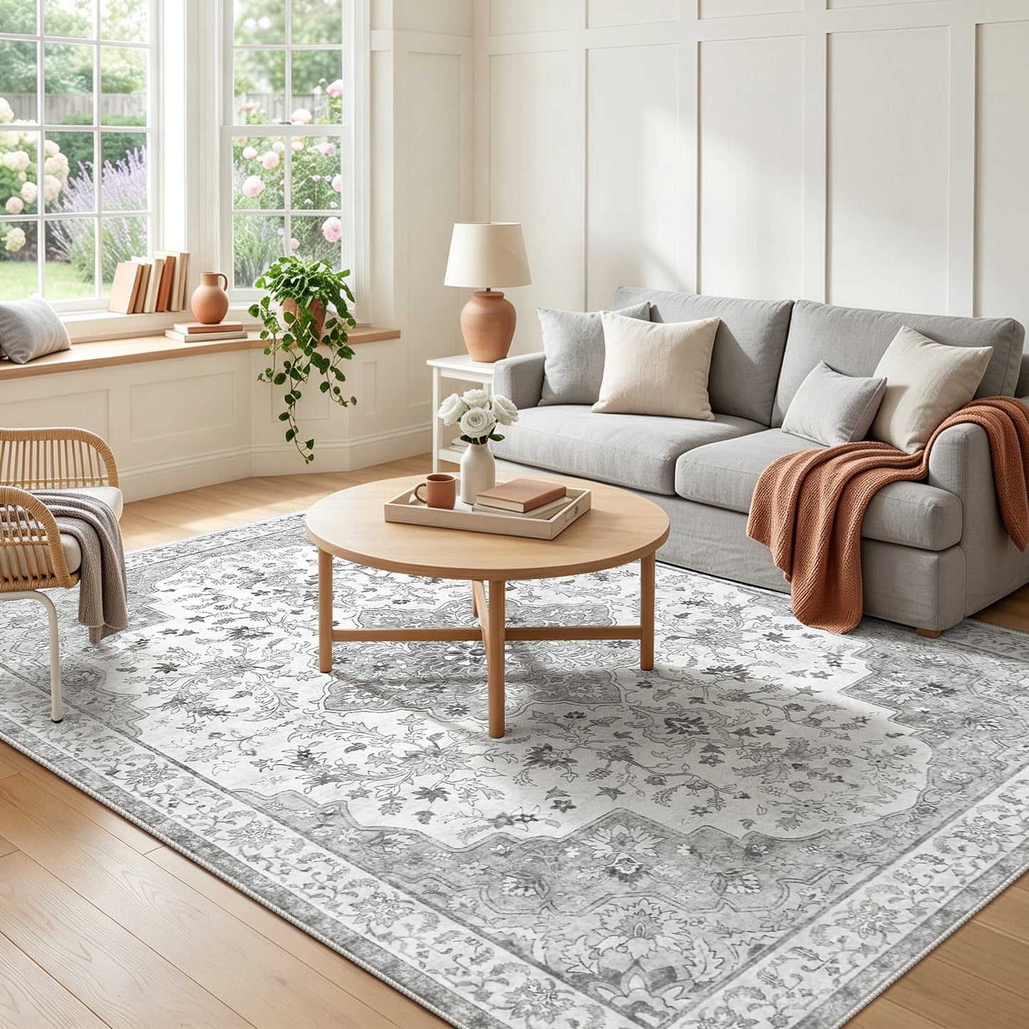 CHITOOMA 9'x12' Boho Area Rugs for Living Room, Machine Washable Stain Resistant Non-Shed Carpet, Floral Area Rug with Non-Slip Backing for Bedroom, Dining Room, Dorm, Office