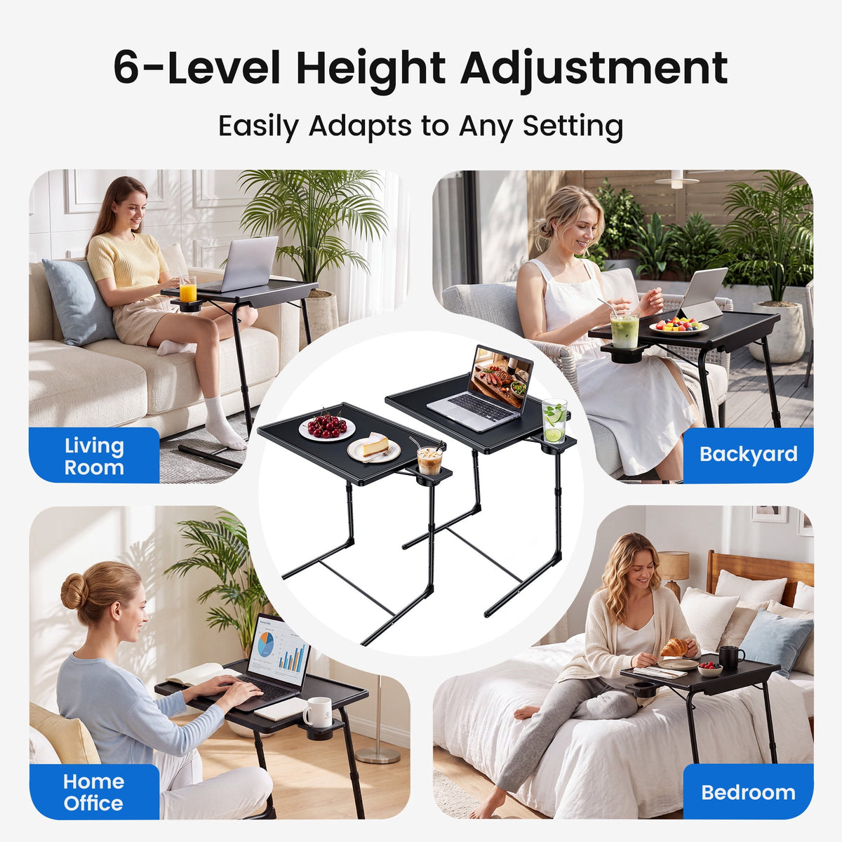 Adjustable TV Tray Table with Cup Holder,2 Pack Foldable TV Dinner Tray Table with 6 Heights & 3 Tilt Angle for Couch, Bed, Sofa & Chair,Black