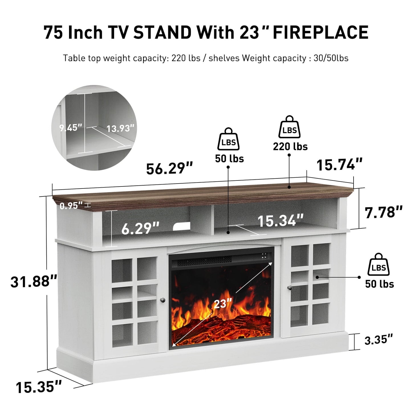 CHITOOMA Fireplace TV Stand with LED Light for up to 70 inch TV, White
