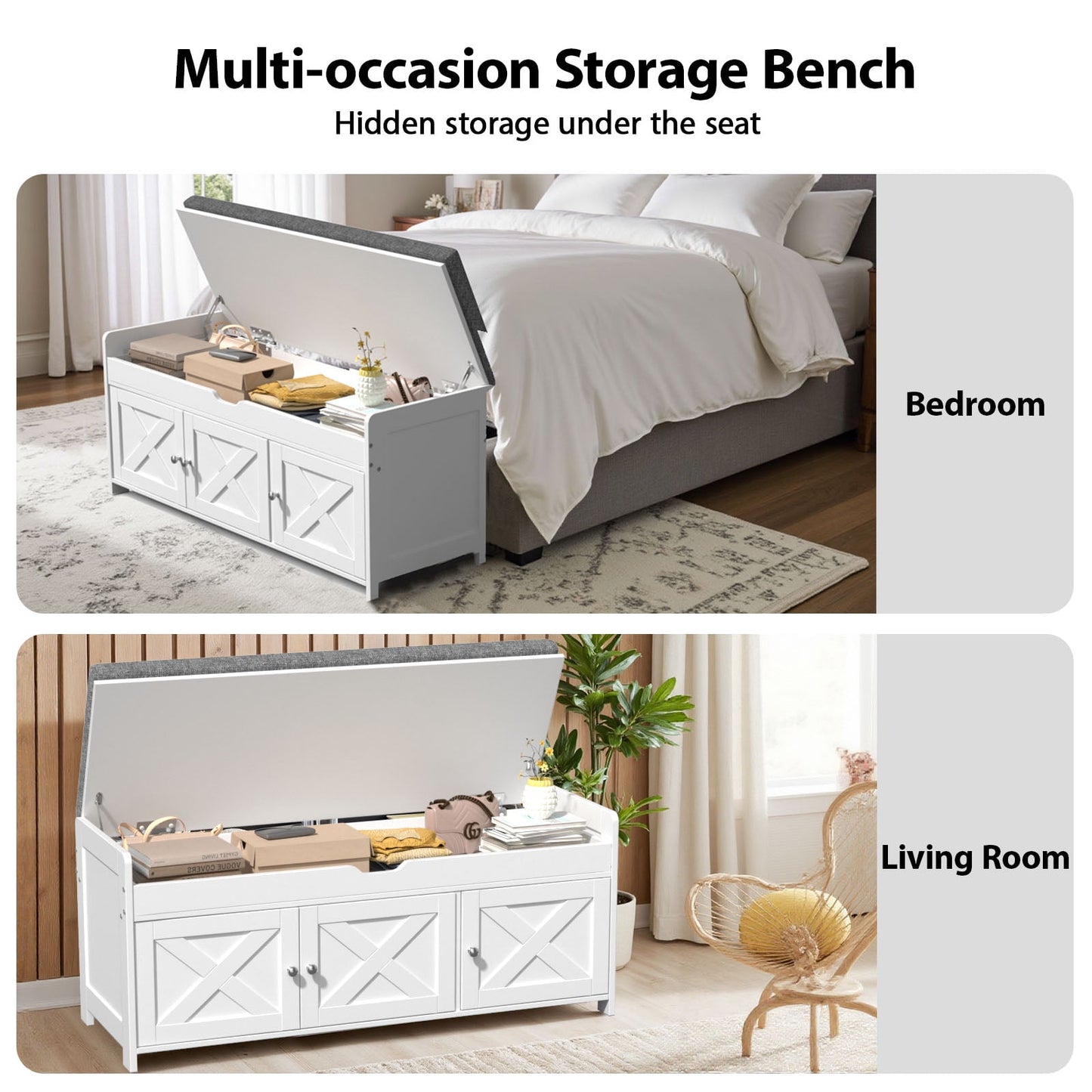 CHITOOMA 43.4" Shoe Storage Bench with Cushion and Barn Doors for Entryway, Bedroom, Shoe Rack Bench Adjustable Shelf with Lift Top Storage, 440 lbs, White