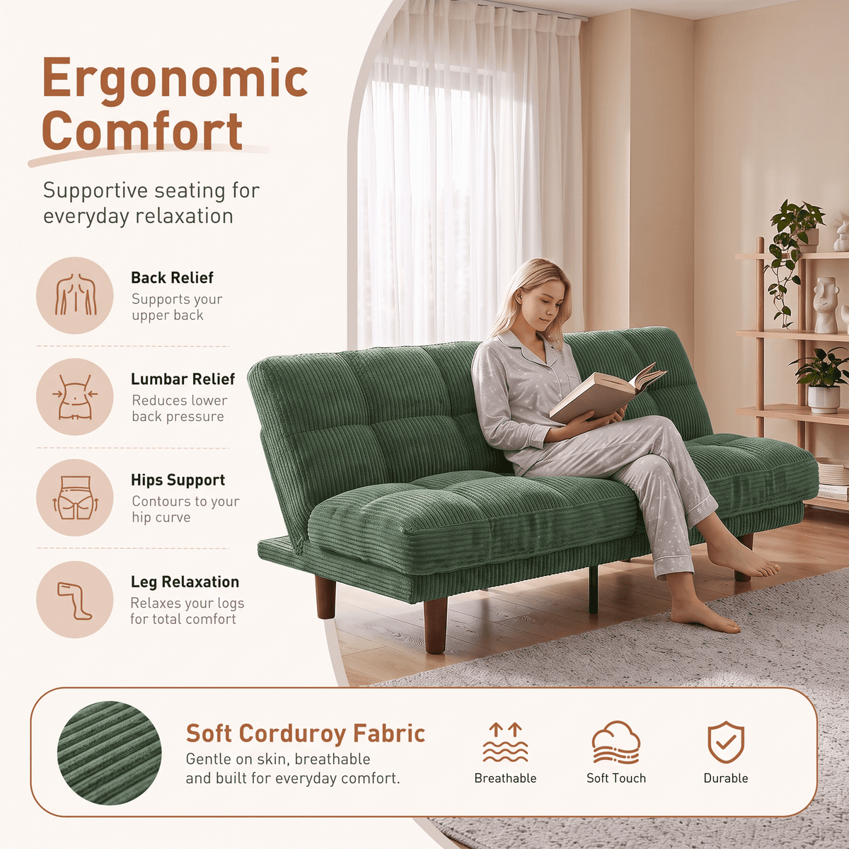 CHITOOMA 66" Futon Sofa Bed with Adjustable Backrest, Corduroy Convertible Futon Couch, Extra-Thick Cushion, Comfy Loveseat for Small Spaces, Apartment or Office, Green