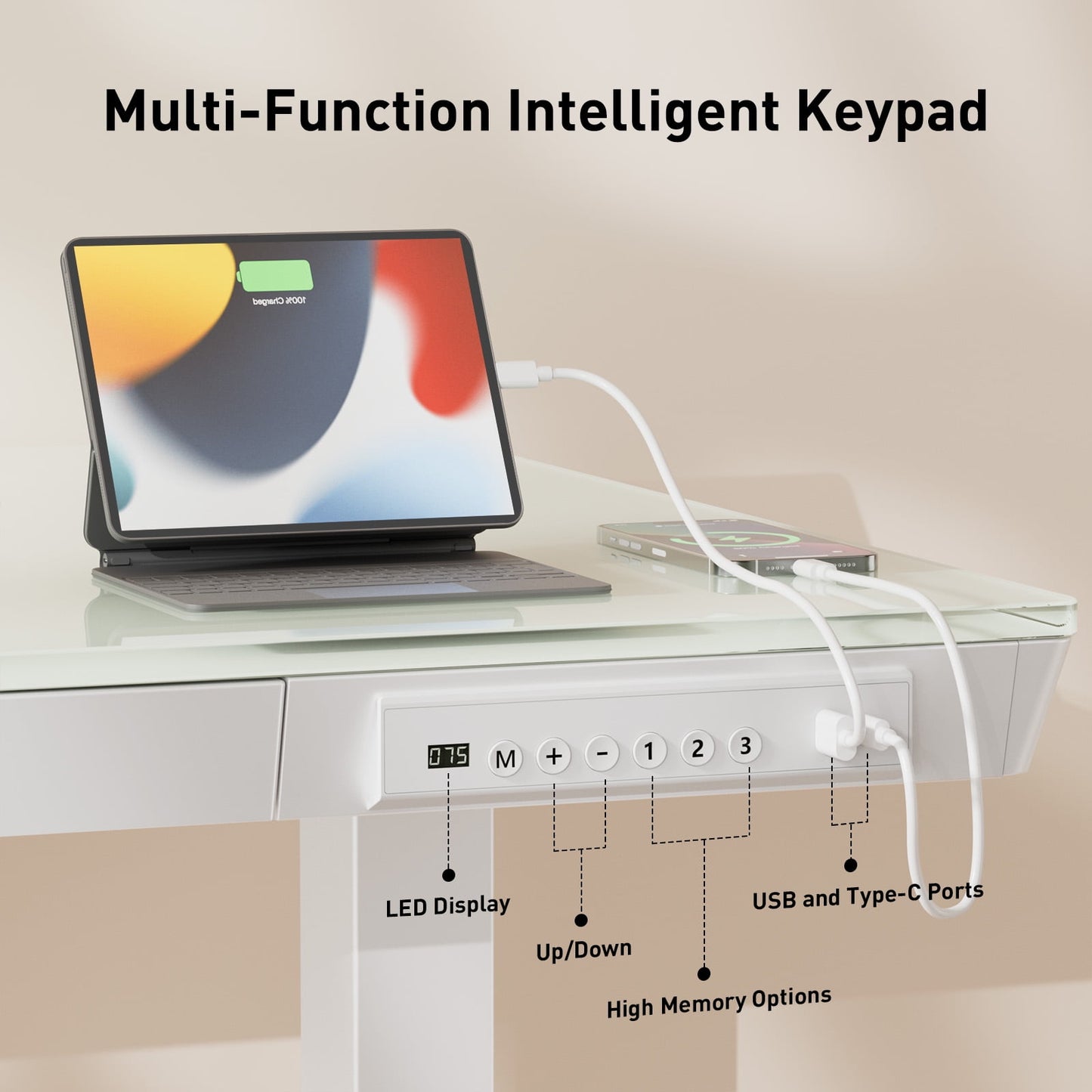 One-Piece Glass Standing Desk with USB & Type-C & Drawers, 48"×24" Electric Adjustable Stand Up Desk, Glass Tabletop Office Computer Desk, White
