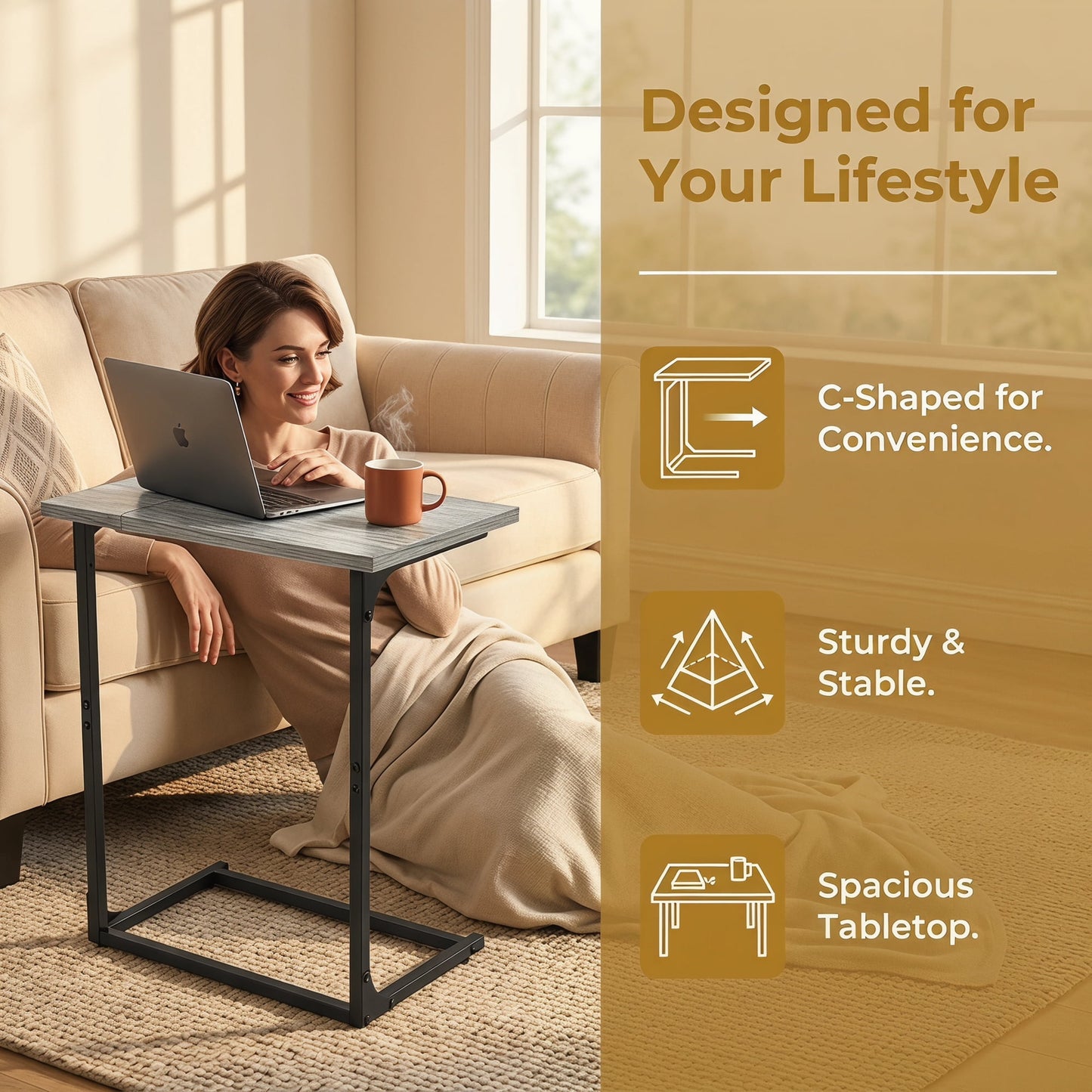 C Shaped Couch End Table Tray Table, Side Table for Sofa,with Widened tabletop for Bedroom, Living Room, 27"(H) x 21.1"(W) x 11.4"(D), Grey