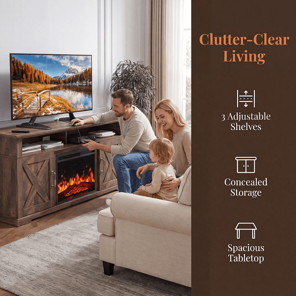 Electric Fireplace TV Stand for TVs up to 75", Farmhouse Entertainment Center with Fireplace, Vintage Brown