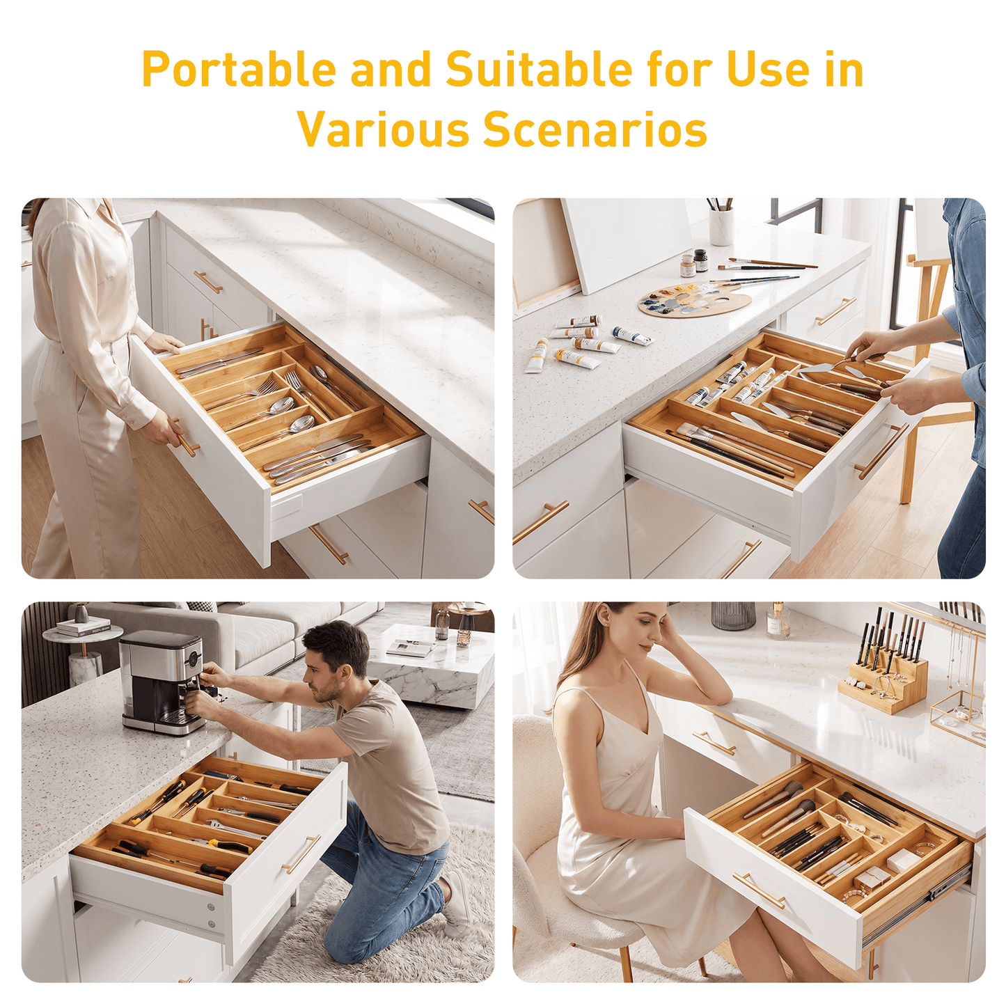 CHITOOMA Wood Bamboo Kitchen Drawer Organizer,Expandable Silverware Holder,Adjustable Kitchen Utensil Tray,for Forks, Spoons and Knives,8 Slots,Large