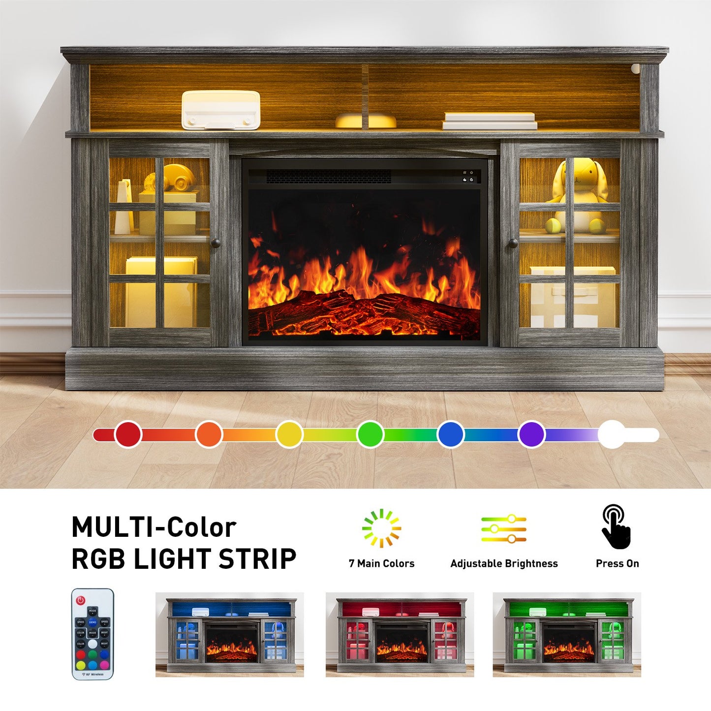 Electric Fireplace TV Stand up to 75" TVs, Farmhouse Entertainment Center with LED Light and 23" Fireplace for Living Room, Gray