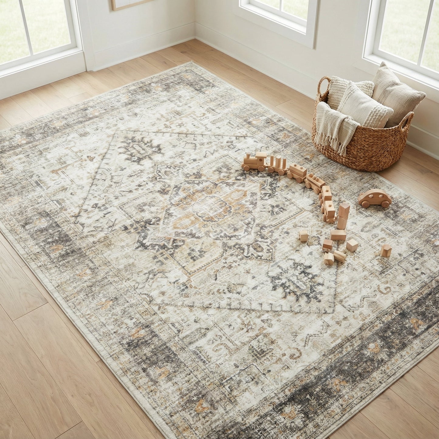 CHITOOMA 5'x7' Boho Area Rugs for Living Room, Machine Washable Stain Resistant Non-Shed Carpet, Area Rug with Non-Slip Backing for Bedroom, Dining Room, Dorm, Office