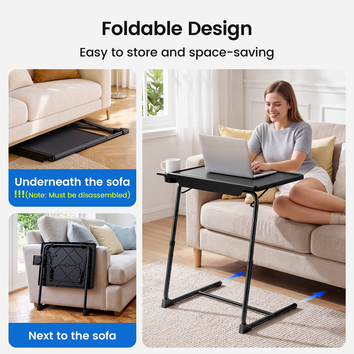 Adjustable TV Tray Table with Cup Holder,2 Pack Foldable TV Dinner Tray Table with 6 Heights & 3 Tilt Angle for Couch, Bed, Sofa & Chair,Black