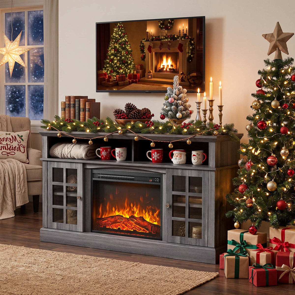 Electric Fireplace TV Stand for 75″ TVs Fireplace Entertainment Center TV Console Table with 23″ Fireplace, Holds up to 200 lbs