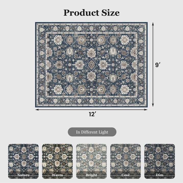 CHITOOMA 9'x12' Area Rugs for Living Room, Boho Machine Washable Stain Resistant Non-Shed Carpet, Floral Area Rug with Non-Slip Backing for Bedroom, Dining Room, Dorm, Office