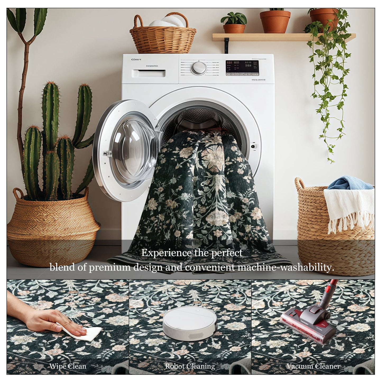 CHITOOMA 8'x10' Boho Area Rugs for Living Room, Machine Washable Floral Area Rug with Non-Slip Backing, Stain Resistant Non-Shed Carpet for Bedroom, Dining Room, Dorm, Office