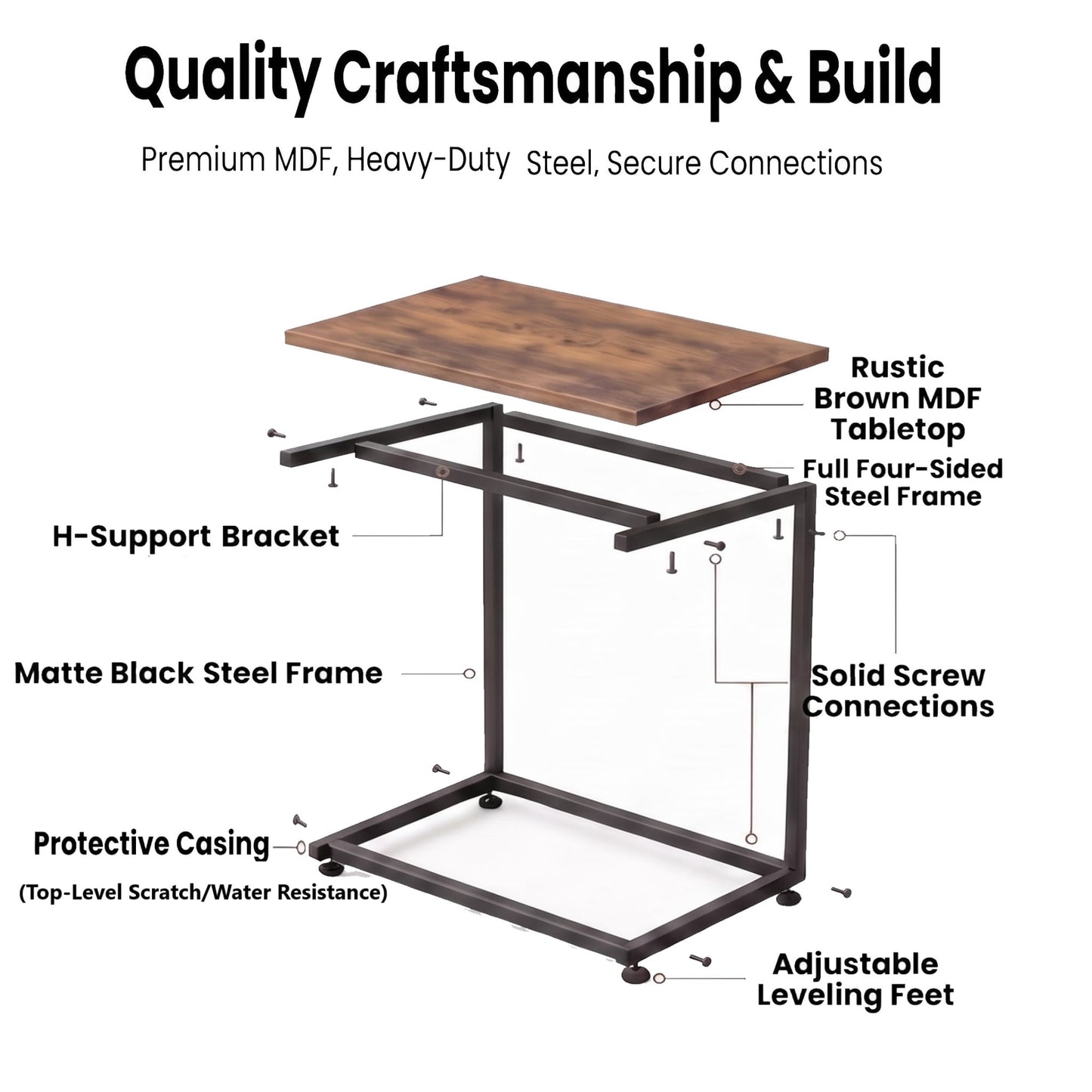 C Shaped End Sofa Table, Vintage Side Couch Table for Living Room, Bedroom, 27"(H) x 19.7"(W) x 12.6"(D), Brown