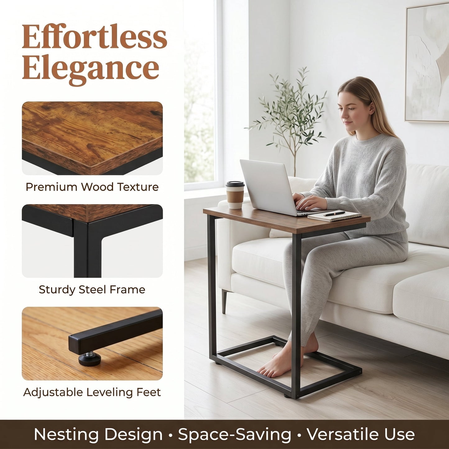 C Shaped End Table 2pcs, Side Table for Sofa,Modern C-Table for Livingroom,Bedroom,Brown
