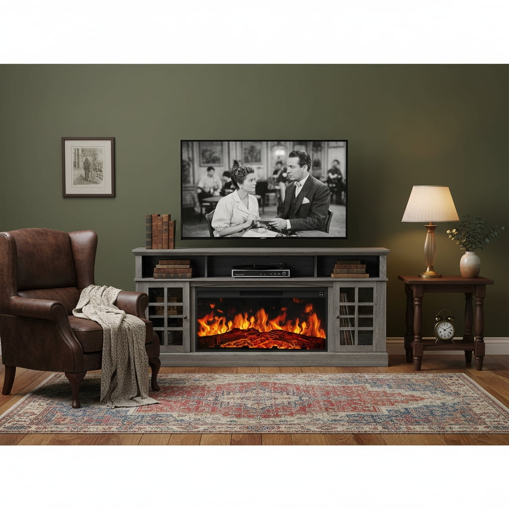 Electric Fireplace TV Stand up to 85" TVs, Farmhouse Entertainment Center wiht 36" Fireplace for Living Room, Gray