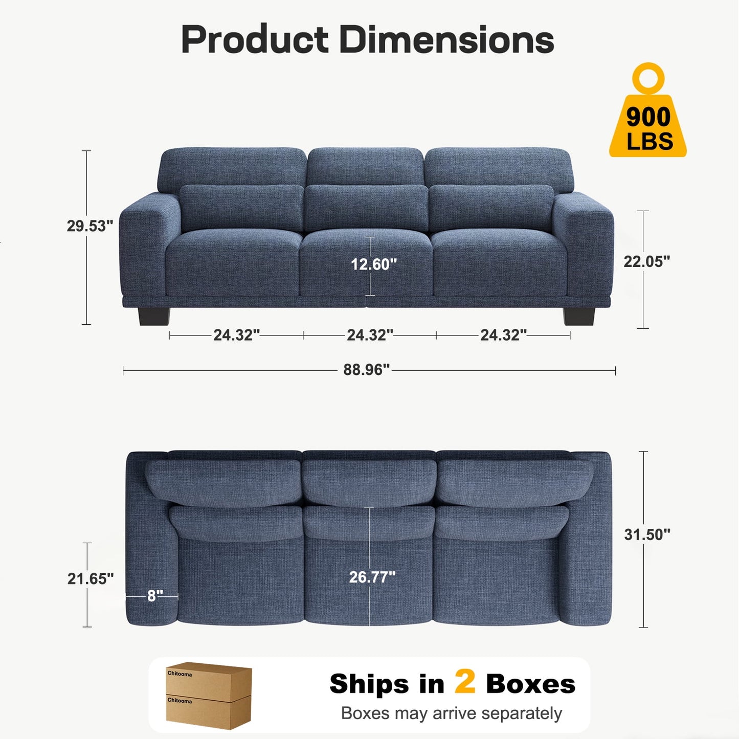 CHITOOMA 89" 3-Seater Sofa for Living Room, Deep Seat Modern Couch with 3 Pillows, Linen Fabric, Removable Covers, Wide Armrests & Steel Frame, Blue