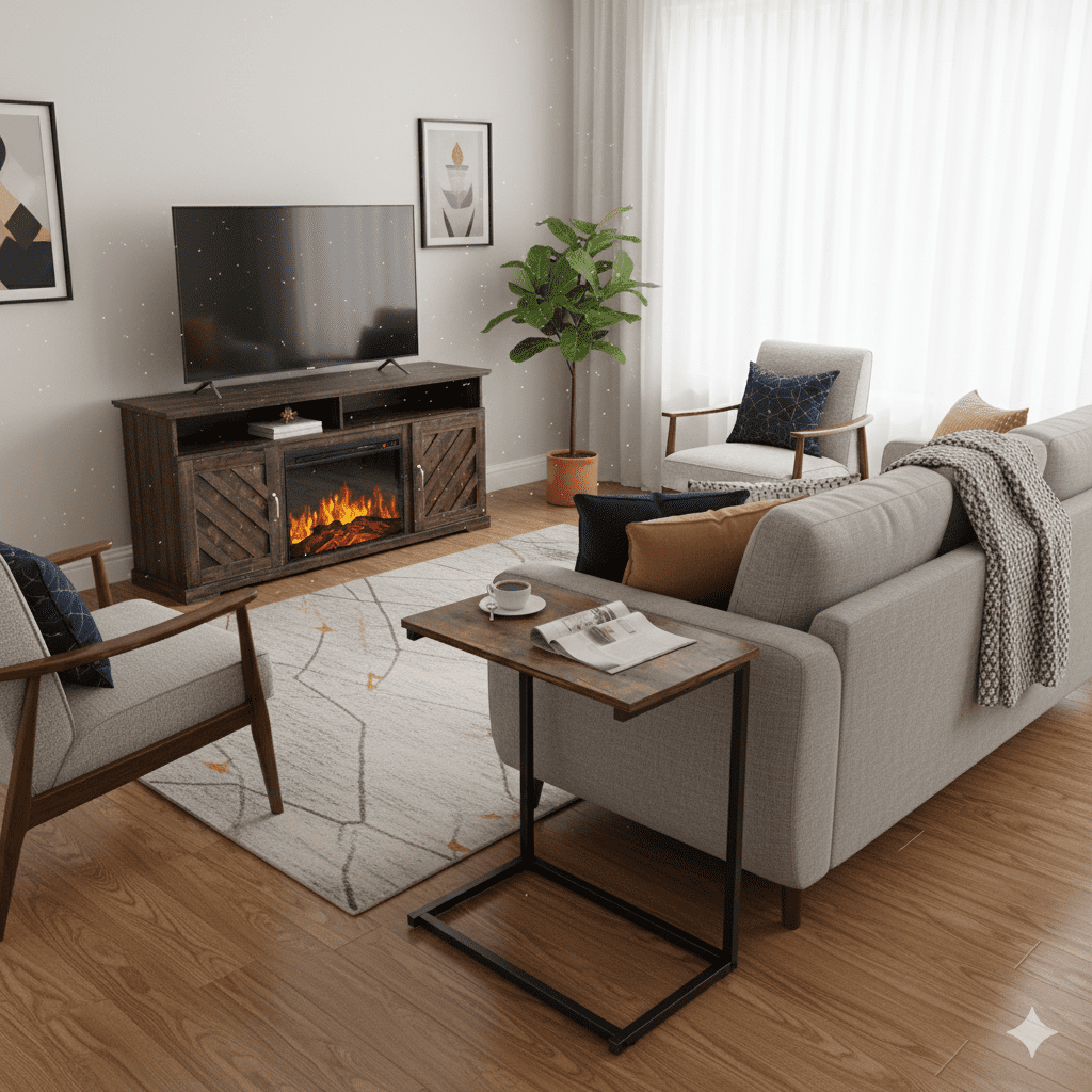 CHITOOMA 75" Fireplace TV Stand and C Shaped End Table Combo, Farmhouse Entertainment Center with 23" Electric Fireplace for Living Room, Bedroom, Vintage Brown