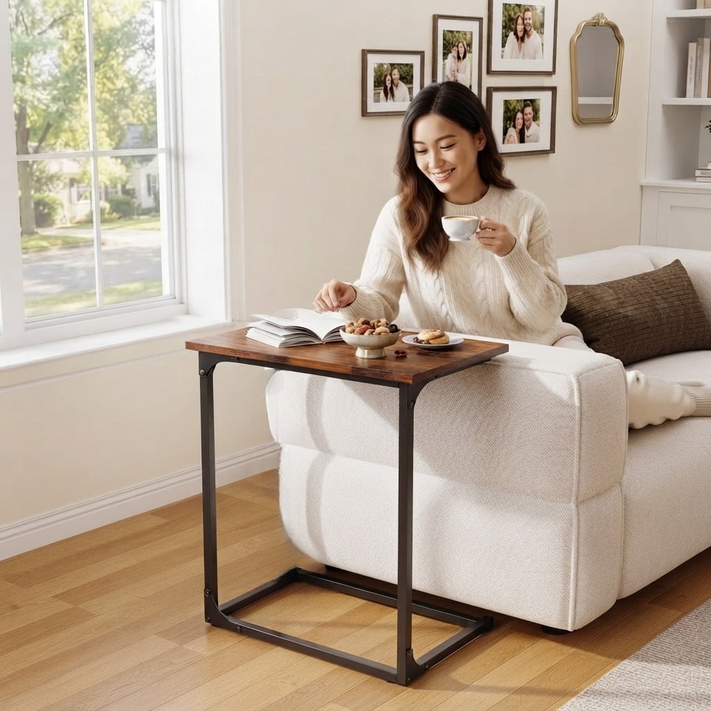 C Shaped End Sofa Table, Widened Vintage End Table Side Table for Living Room, Bedroom, 27"(H) x 21.1"(W) x 11.4"(D), Brown