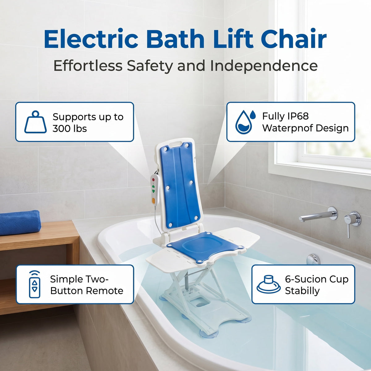 CHITOOMA Electric Chair Lift,Portable Lift for Elderly Patients,308 lbs Capacity,IP68 Waterproof Bath Lift Chair,Fall Assist Devices to Lift Seniors from Floor,White