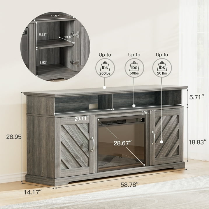 CHITOOMA Electric Fireplace TV Stand for 65 70 75 inch TV with Remote Control, Farmhouse Entertainment Center with 23″ Fireplace for Living Room, Bedroom,Gray
