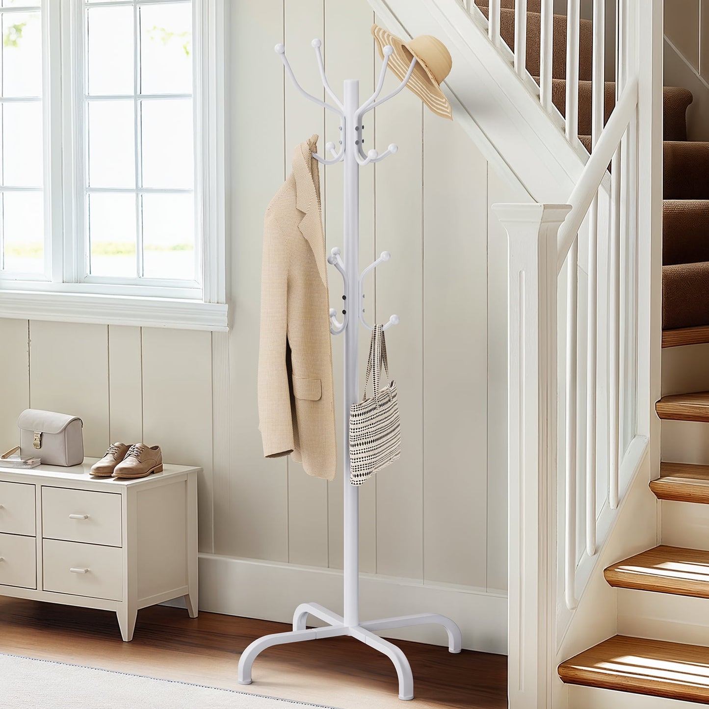 CHITOOMA 14 Hooks Coat Rack Stand Metal Storage Rack Freestanding Hat Clothing Display Stand, White