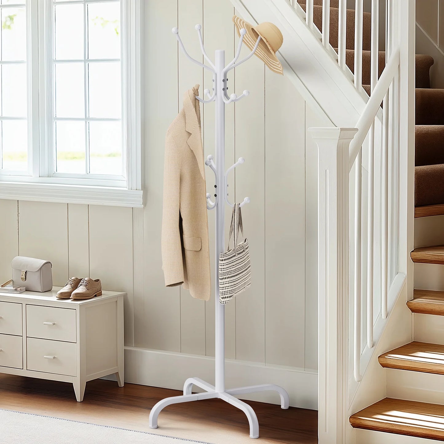 CHITOOMA 14 Hooks Coat Rack Stand Metal Storage Rack Freestanding Hat Clothing Display Stand, White