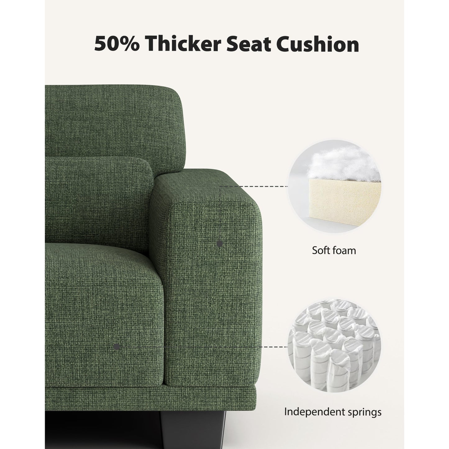 CHITOOMA 65" Loveseat Sofa for Living Room, Comfy Linen Couch with 2 Pillows, Deep Seats, Wide Armrests, Removable Covers & Sturdy Steel Frame, Green