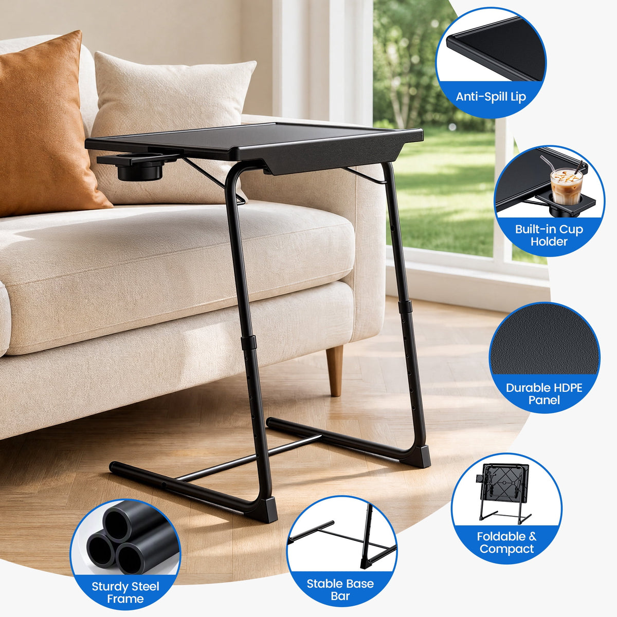 Adjustable TV Tray Table with Cup Holder,2 Pack Foldable TV Dinner Tray Table with 6 Heights & 3 Tilt Angle for Couch, Bed, Sofa & Chair,Black