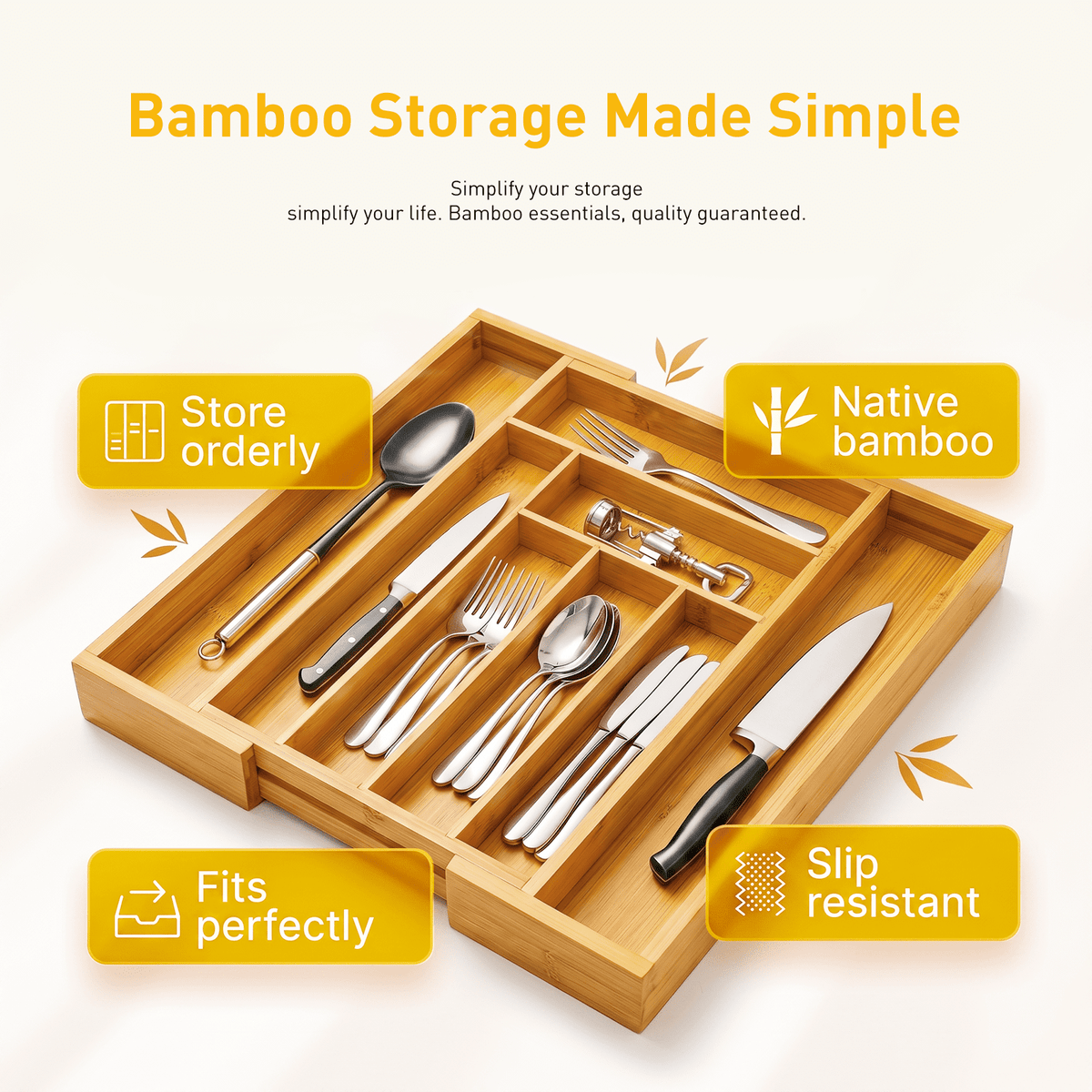 CHITOOMA Wood Bamboo Kitchen Drawer Organizer,Expandable Silverware Holder,Adjustable Kitchen Utensil Tray,for Forks, Spoons and Knives,8 Slots,Medium
